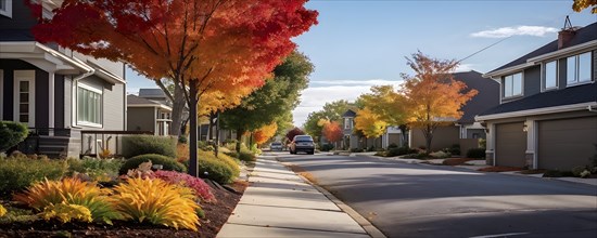 A serene suburban street featuring modern homes in autumn with colorful plants, AI generated