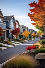 A serene suburban street featuring modern homes in autumn with colorful plants, AI generated