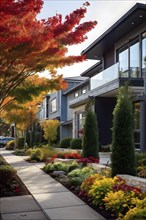 A serene suburban street featuring modern homes in autumn with colorful plants, AI generated