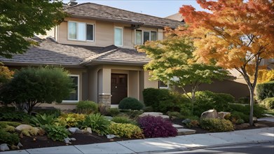 A serene suburban street featuring modern homes in autumn with colorful plants, AI generated