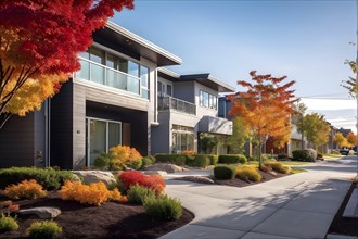 A serene suburban street featuring modern homes in autumn with colorful plants, AI generated