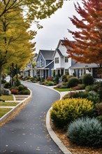 A serene suburban street featuring modern homes in autumn with colorful plants, AI generated