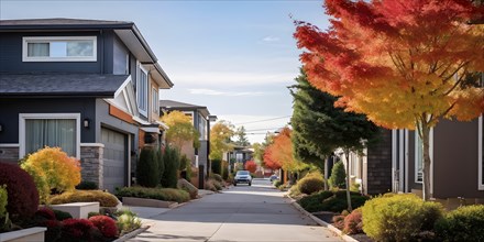 A serene suburban street featuring modern homes in autumn with colorful plants, AI generated