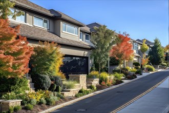 A serene suburban street featuring modern homes in autumn with colorful plants, AI generated