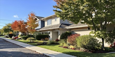 A serene suburban street featuring modern homes in autumn with colorful plants, AI generated