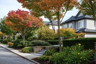 A serene suburban street featuring modern homes in autumn with colorful plants, AI generated