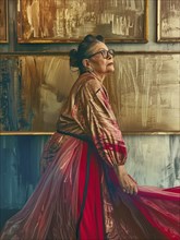 Elderly woman in an art gallery wearing an elegant red and gold dress, appearing thoughtful and