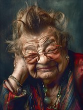 Elderly woman with glasses and smile, wearing colorful clothing and jewelry exuding warmth and