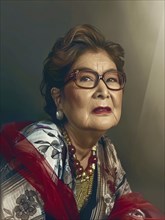 Aged woman in a traditional outfit with floral patterns, wearing glasses and a thoughtful