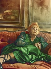 Elderly woman with orange hair and glasses in a green dress, reclining on a plush sofa with framed