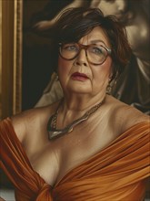 Older woman with short hair and glasses, dressed in an orange dress with a necklace, against a