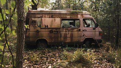 A rusted van abandoned in the wilderness, covered with patches of rust and vegetation, AI generated