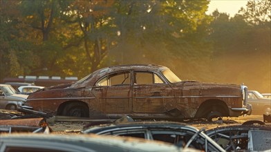 A side view of a rusted car in a junkyard illuminated by warm afternoon light, AI generated