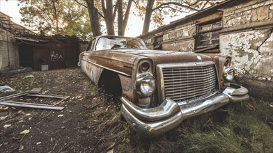 Front view of an old, rusted car parked next to a crumbling building, partially overgrown with