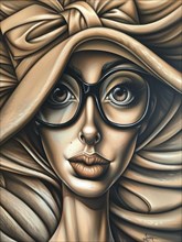 An expressive monochromatic portrait of a woman wearing glasses and a hat, with detailed features