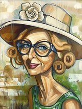 A cheerful cartoon-style portrait of an older woman wearing glasses and a hat with a flower,