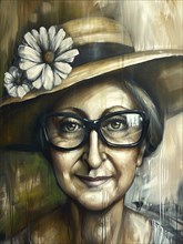 A detailed portrait of an older woman wearing glasses and a hat with a flower, depicted in a