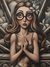 A surreal artwork depicting a woman with glasses and a flower in her hair, praying with a detailed,