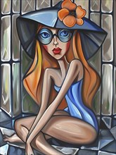 A playful cartoon-style woman with glasses wearing a hat and swimsuit, sitting in a relaxed pose