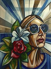 A woman with glasses and a flower in her hair, depicted in a vibrant stained glass style with bold