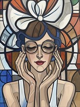 A woman with glasses and a peaceful expression in a stained glass style artwork with rich colors