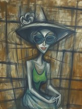 Abstract painting of a woman wearing a large hat and sunglasses, dressed in green, with moody