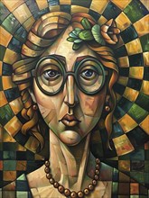 Abstract painting depicting a woman with glasses and a floral headpiece, surrounded by a warm-toned