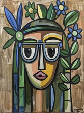 Abstract portrait of a woman wearing glasses and a floral headpiece, set against a colorful