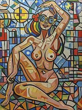 Abstract painting of a nude woman wearing glasses with a colorful geometric mosaic background, AI