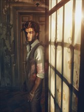 Stylish man in a vest leaning against a windowlit wall in an old building, with a contemplative