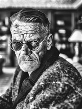 Black and white image of an old man with textured skin, wearing sunglasses and a sweater, shown