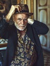 Elderly man wearing a leopard hat and patterned shirt looks thoughtful in a vintage setting, AI