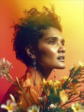 Person with short curly hair surrounded by flowers and an orange-yellow gradient, gaze is hopeful,