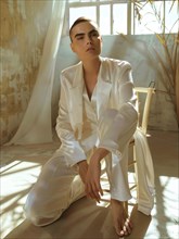 Individual in a white suit, sitting relaxed in a minimalist, light-filled room with contemplative