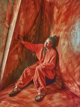 Individual in a bold red outfit sits contemplatively against an abstract red background, AI