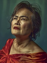 Elderly woman in a red dress with a thoughtful expression, captured in dramatic lighting, AI