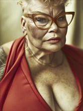 Elderly woman with short hair and tattoos, wearing glasses and a red dress, exhibits a serious