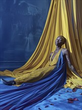 Serene woman in a yellow dress surrounded by blue fabric and dramatic curtains, highlighted by rose