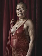 Confident woman in a red dress with a backdrop of red curtains, captured in an intimate and