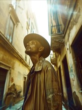 Man with a hat and jacket looking upwards thoughtfully in a sunlit, narrow urban alleyway, AI