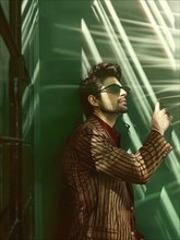 Stylish man in sunglasses and a striped jacket leaning against a green wall, lit by sunlight and