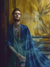 An elegant man with tattoos wrapped in a blue robe leans against a wooden wall amidst a smoky