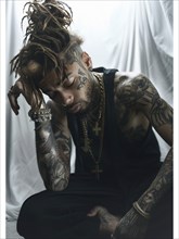 A tattooed man with dreadlocks sits pensively, adorned with multiple pieces of jewelry and wearing