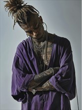 Man with dreadlocks and tattoos wearing a purple shirt, arms crossed and looking down in a moody