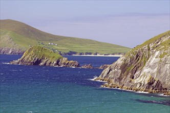 Dramatic coastline with high green cliffs and blue ocean waters under clear skies, Slea Head Drive,