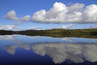 Reflection of clouds in a calm lake under a blue sky, Letterfrack, Connemara National Park,