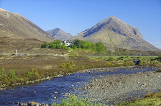 Landscape with a river, mountains in the background and a small white house, Slicgachan, Isle of