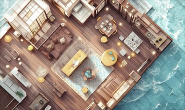 A cozy houseboat's floor plan showcasing modern interior design with wood flooring and tasteful