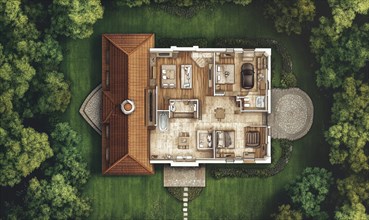 Aerial view of a house floor plan surrounded by lush greenery revealing the layout of various rooms