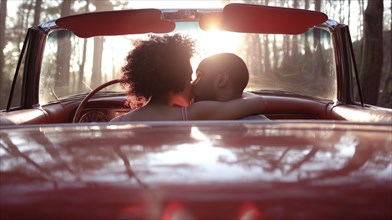 Couple sharing a tender kiss in a red convertible surrounded by woods at sunset, AI generated